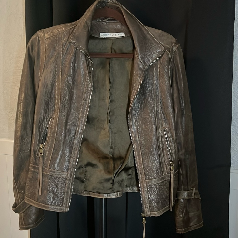 Andrew Marc Distressed Brown Leather Zip Jacket